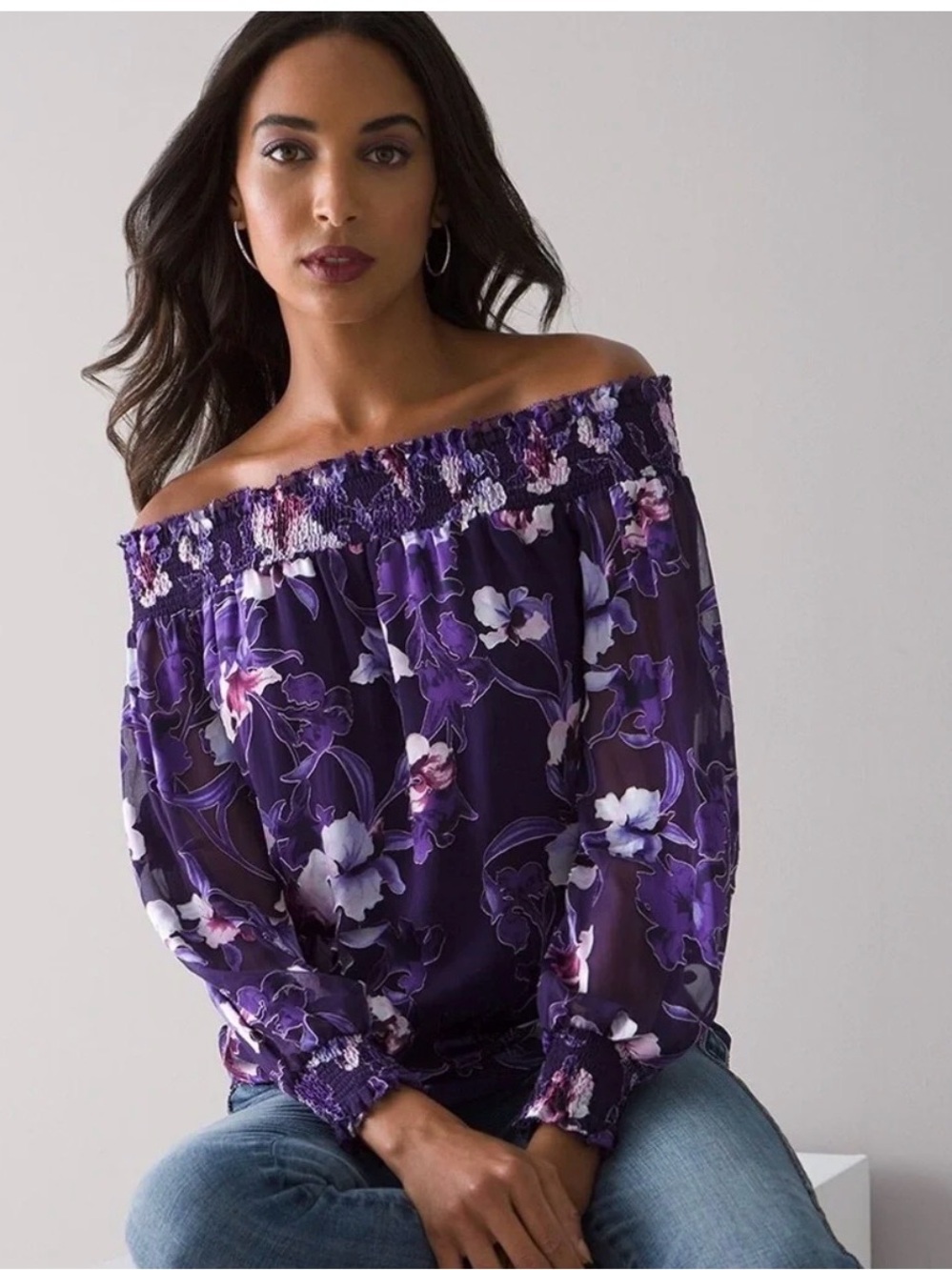 White House Black Market Purple Floral Off-the-Shoulder Silk Blend Blouse